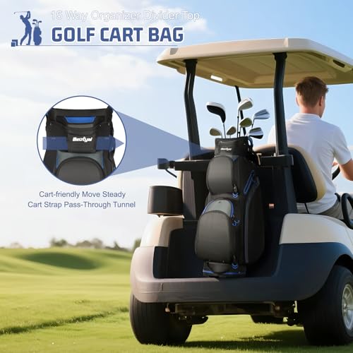 Beutyal 15-Way Lightweight Golf Cart Bag for Men with Cooler, Black Blue