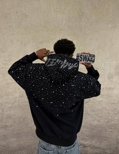 Large Rhinestone Hooded Sweatshirt for Men & Women - Black Diamond Casual Streetwear