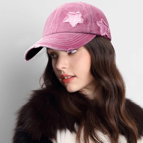 Pink Messy Bun Ponytail Baseball Cap for Women - Washed Cotton Hat