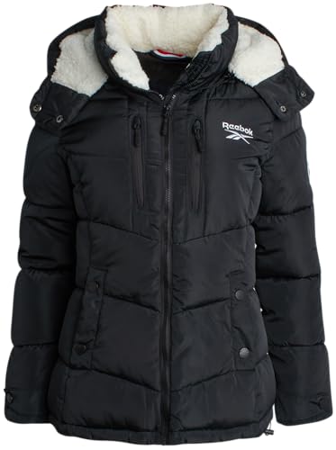 Reebok Women's Puffer Jacket with Faux Fur Hood - Midweight, Large Black