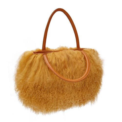 Women Luxury Real Curly Mongolian Lamb Fur Purse - Camel Variation
