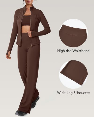 Women Zip Workout Set with Flare Leggings - Chocolate Medium Size
