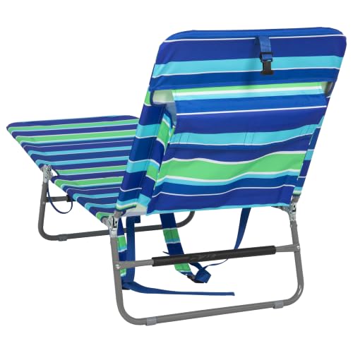 Lay Flat Folding Beach Lounge Chair Backpack Style Blue Green Stripe