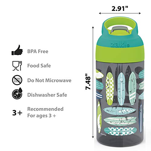 Kids Water Bottles 16oz Set with Straw & Carry Loop - Beach Life & Surfing Boards Design