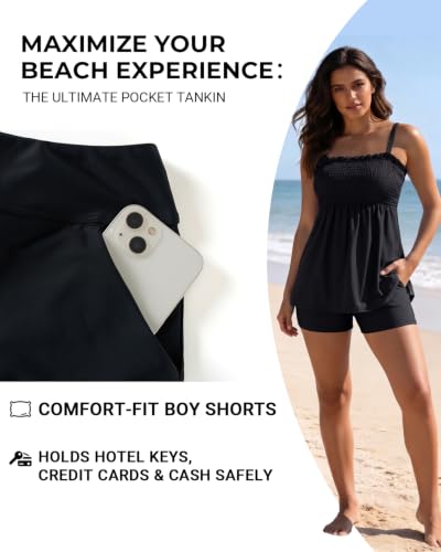Yonique Black XX-Large Strapless Flowy Bandeau Tankini & Shorts Swimsuit Set