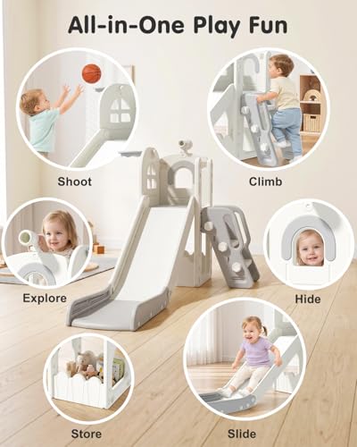 Babytronic Cream & Gray 6-in-1 Toddler Indoor & Outdoor Slide Playset for Kids 1-3