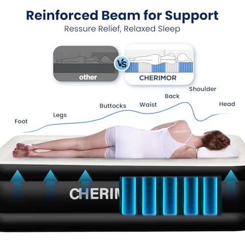 Queen Air Mattress with Built-in Pump - 18 Inch Raised Stable Support, White & Black