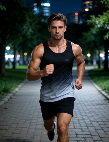 EZRUN Men's UPF 50+ Gradient Black Grey Quick Dry Tank Top for Workout & Beach - Medium
