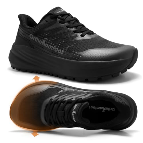 Men's Wide Orthopedic Support Shoes for Plantar Fasciitis - Slip-Resistant Hiking Sneakers, Black, 10 Wide, K1