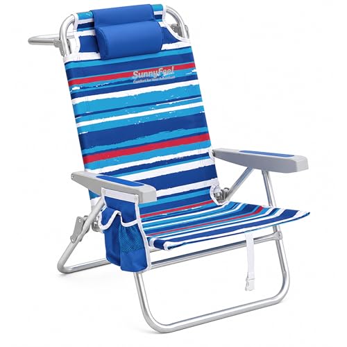 Blue Striped High Seat Beach Chair for Adults with Cooler & Cup Holder - 5 Recline Positions