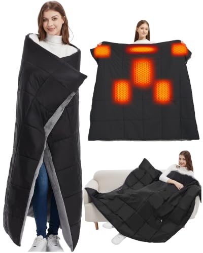 Large Battery-Powered Heated Blanket 62x55in Portable Cordless for Outdoor Use - Black