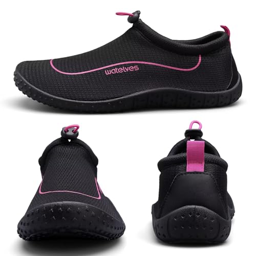 Water Shoes Women Men Multi-Purpose Barefoot Aqua Socks with Thick Sole - Black Pink, 8 Women / 6.5 Men
