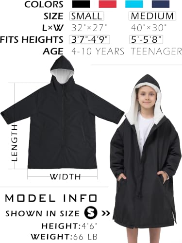 Kids Windproof Sherpa-Lined Swim Parka - Unisex Waterproof Coat, Size S - Black