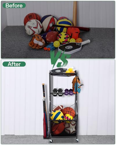 Garage Sports Equipment Organizer Rolling Ball Storage Cart - Black Small