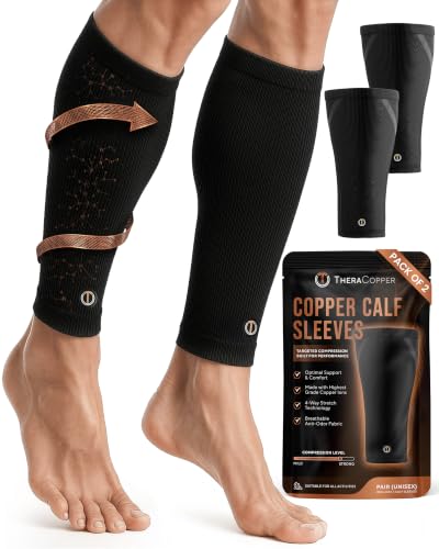 TheraCopper Copper Calf Compression Sleeve Large 2 Pack - Supports & Relieves Muscle Soreness