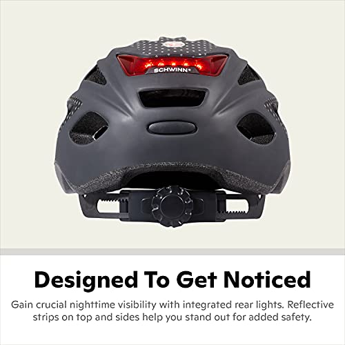 Schwinn Lighted Adult Bike Helmet Matte Black, Size 58-62cm, Rear LED & Reflective Strips