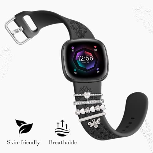 Silicone Sport Watch Band with Charms for Fitbit Versa 4/3 Sense 2 - Black + Silver Bee Charm