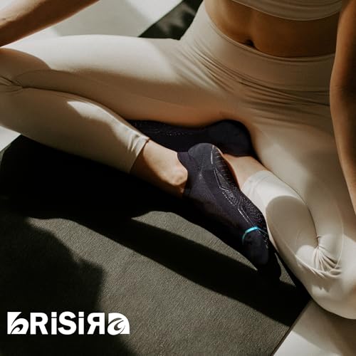 BRISIRA Bamboo Viscose Non Slip Pilates Socks Men Women No Show Grip Compression Thick Cushion - 3 Pairs, Black, Large
