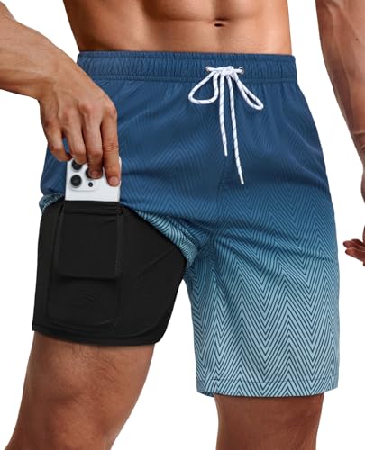 Men's 9 Inch Swim Trunks with Compression Liner - Large Blue Stripe Gradient