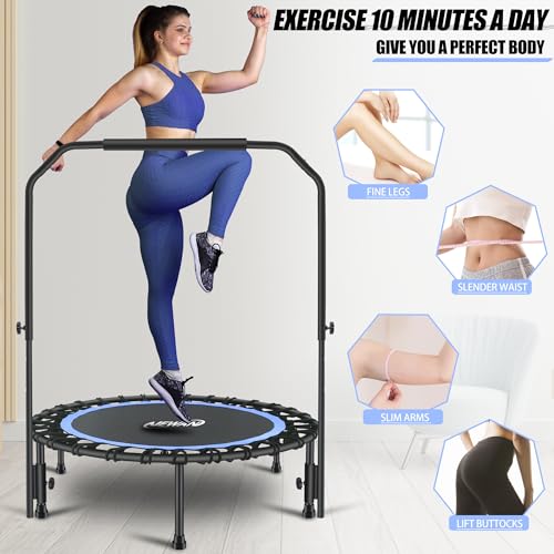 Blue 40-Inch Silent Mini Trampoline with Adjustable Handle Bar for Adults Fitness