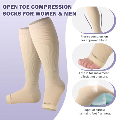 Open Toe Compression Socks for Women & Men 20-30mmHg Knee High Support Stockings Beige X-Large 3 Pairs