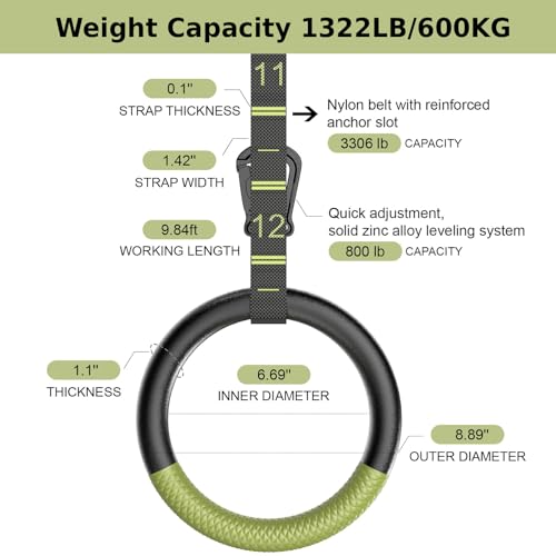Black-Green Adjustable Gymnastic Rings with Straps, Non-Slip Pull Up Rings, 1322lbs Support
