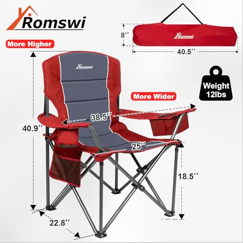 Romswi Red XL Heavy Duty Camping Chairs 500LBS Support, Padded Back & Armrests, 2-Pack