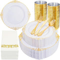 Nervure Gold Disposable Plastic Dinnerware Set for 50 Guests - 350 Pieces