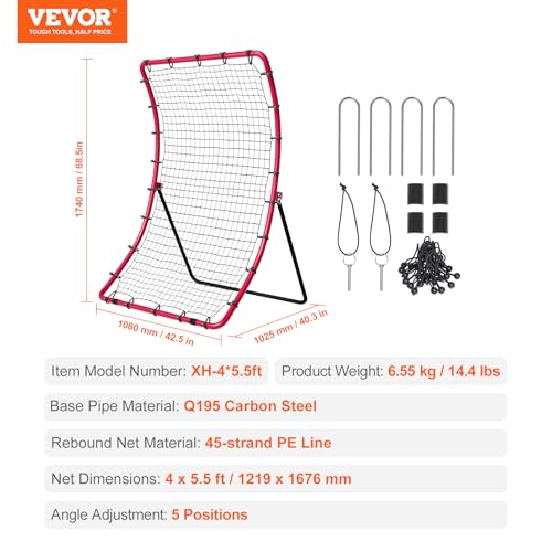 VEVOR 4x5.5 Ft Red Baseball Softball Rebounder Net with Adjustable Angles and Steel Frame