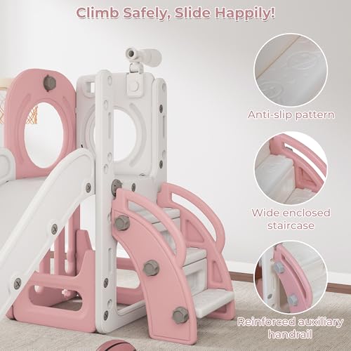 Indoor Toddler Slide 6-in-1 Playset with Basketball Hoop & Storage - Pink-New