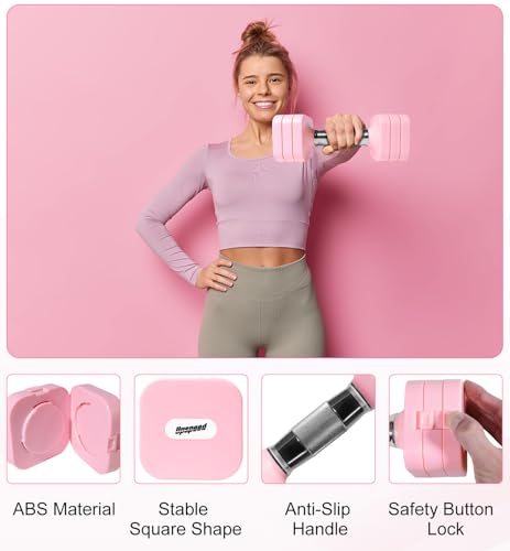 Pink Adjustable Dumbbell Set 10LB Each - Space-Saving Hand Weights for Women Men