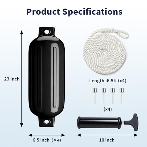 Stmynt 6.5 Inch Black Inflatable Marine Boat Fenders with Ribs Twin Eyes Docking Bumpers (Pack of 4)