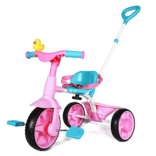 KRIDDO 2-in-1 Toddler Tricycle with Push Handle and Pink Eva Wheel - Ages 1.5-3