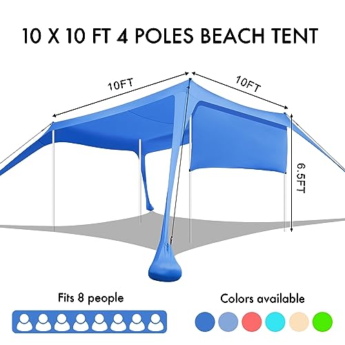 Royal Blue 10x10FT Beach Canopy Tent Shade with Sidewalls, 4 Pole Windproof Sun Shelter