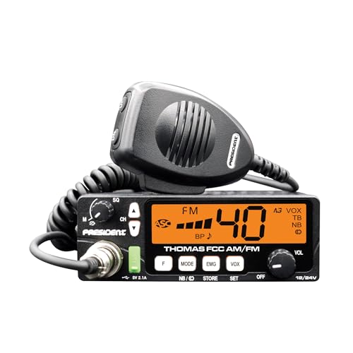 President FCC AM/FM CB Radio — 40 Channels, VOX Hands-Free, USB, Multi-Color LCD, 12/24V — Compact Mobile Transceiver for Truckers & Off-Road