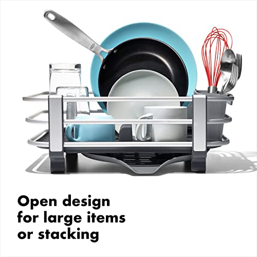 OXO Good Grips Dish Rack - Rustproof Aluminum Kitchen Dish Drying Organizer, with Adjustable Drain Tray & Removable Utensil Cup