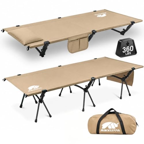 Portable Camping Cot Bed for Adults - Heavy-Duty Support with Inflatable Pillow, Khaki, 1 Pack