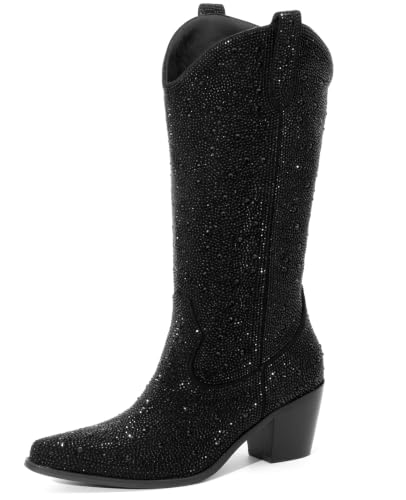 MISSMILLER Women's Cowboy Boots 8.5 Black Knee High Western Cowgirl Boots with Floral Embroidery and Chunky Heel