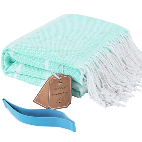Oversized Quick-Dry Sandproof Turkish Beach Towel with Elastic Band - 72 x 36 Inches Aqua Thinner
