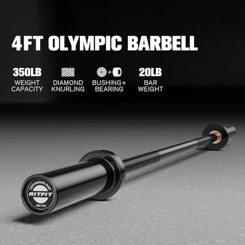 RitFit 4ft Olympic Weight Barbell - Black 2-inch, 350lbs Capacity, No Collar