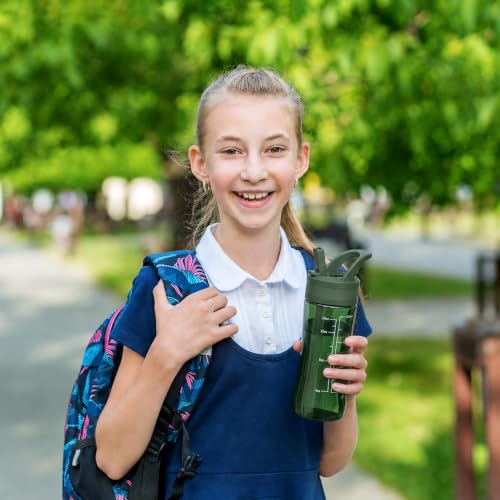 Kids Water Bottle 14oz BPA-Free Tritan with Straw Lid & Handle - Army Green
