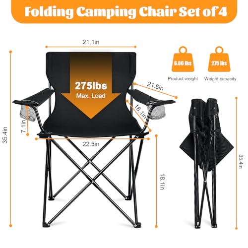 HaSteeL Oversized Folding Camping Chairs 4 Pack - Black, 600D Oxford Fabric