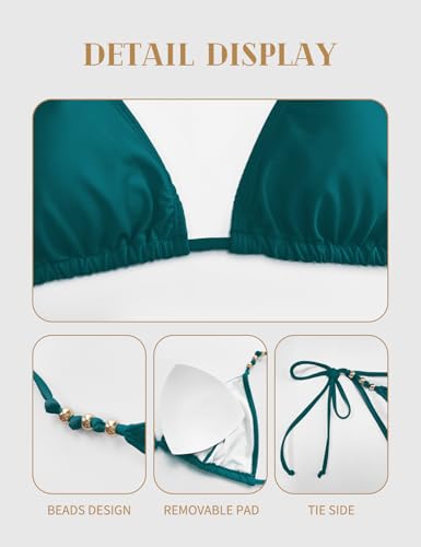 Women Two-Piece Bikini Set with Beads - Triangle String Swimsuit, Large Teal