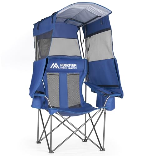 Huskfirm Camping Chair with Canopy Shade - Blue, UPF 50+ Sun Protection