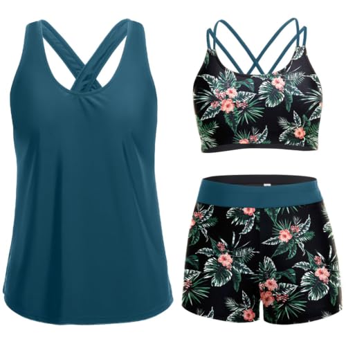 Women's 3 Piece Tankini Swimsuit with Tummy Control Boy Shorts - Large Green Floral