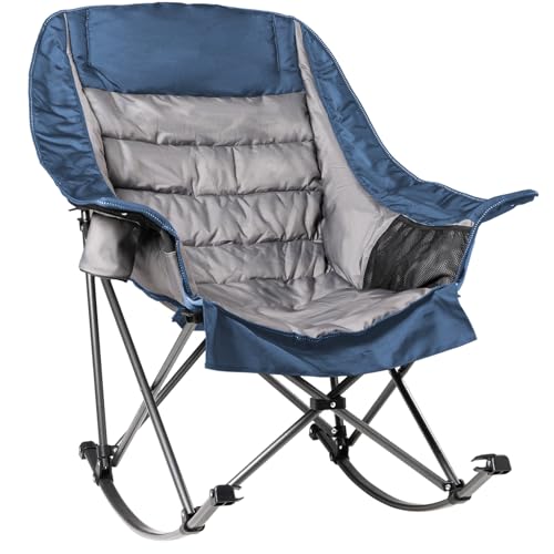Blue & Gray Oversized Rocking Camping Chair 400lb Capacity with Cup Holder