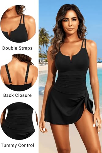 Women’s Swim Dress with Tummy Control and Skirt - X-Large Black