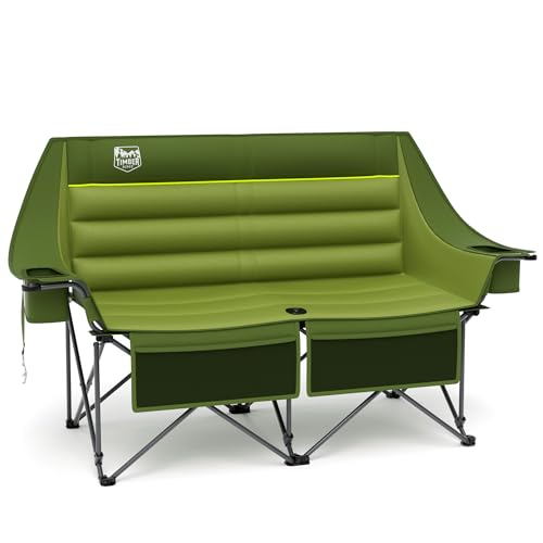 Heavy Duty Outdoor Folding Camping Loveseat with Cup Holders - Green