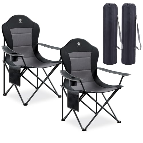 2 Pack Oversized Folding Camping Chairs with High Back Padded Support - Lightweight & Sturdy Outdoor Lawn Chairs for Adults, Black
