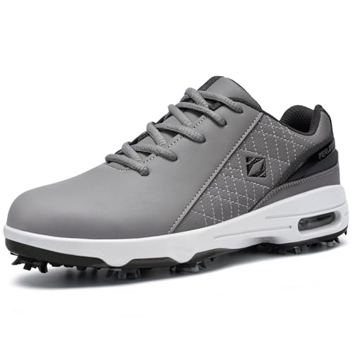 Men's Waterproof Golf Shoes Wide Spiked Non Slip Grey White - FENLERN 10
